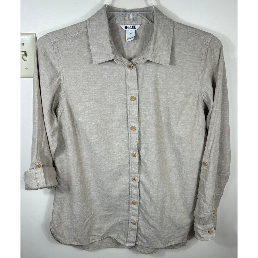Duluth Trading Co Artisan Hemp Button Down Shirt Women M Oatmeal Organic Cotton